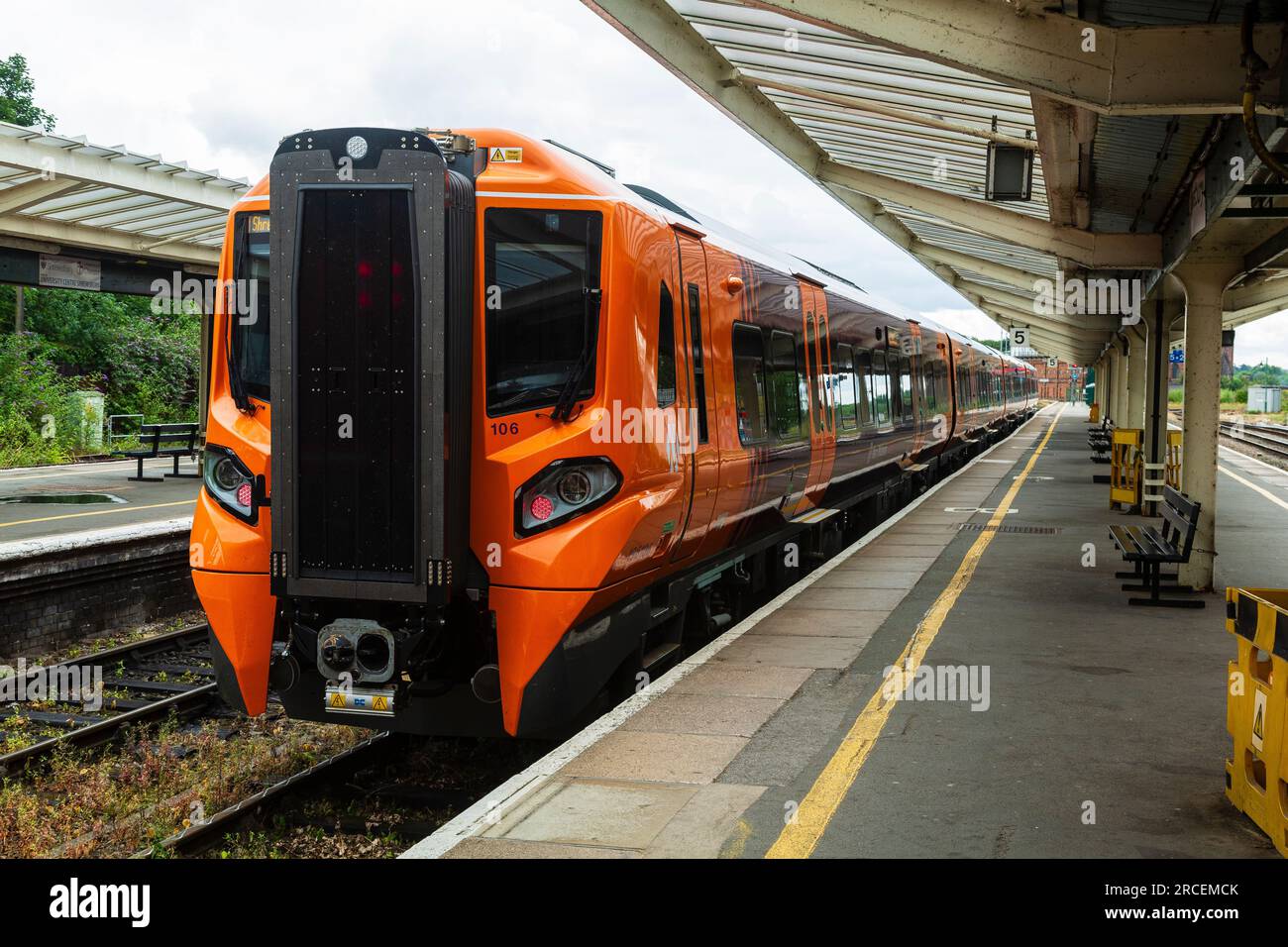 Class 196 train operated by West Midlands Railway (WMT) at Shrewsbury Station. Stock Photo