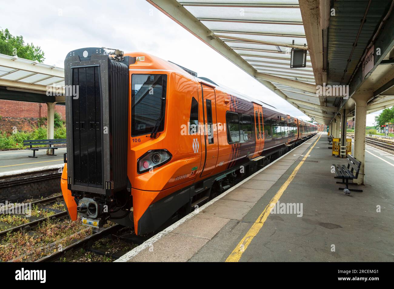Class 196 train operated by West Midlands Railway (WMT) at Shrewsbury Station. Stock Photo