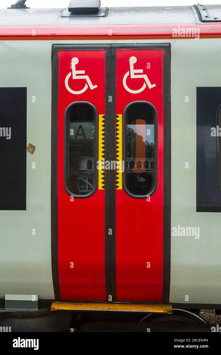 DMU Class 158, wheelchair access door, at Shrewsbury Station, Shropshire, UK, Stock Photo
