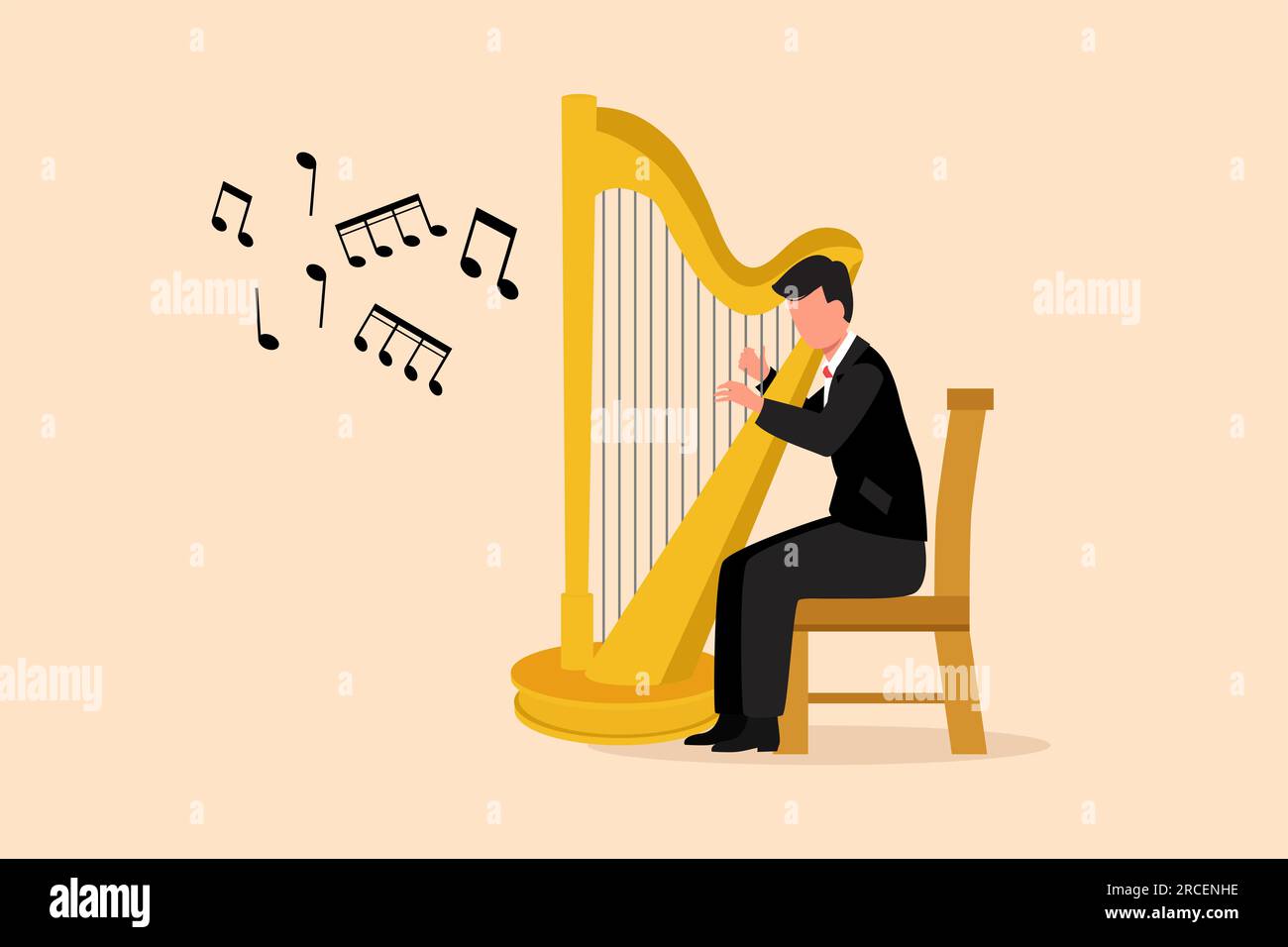 Business flat style drawing man musician playing harp. Classical
