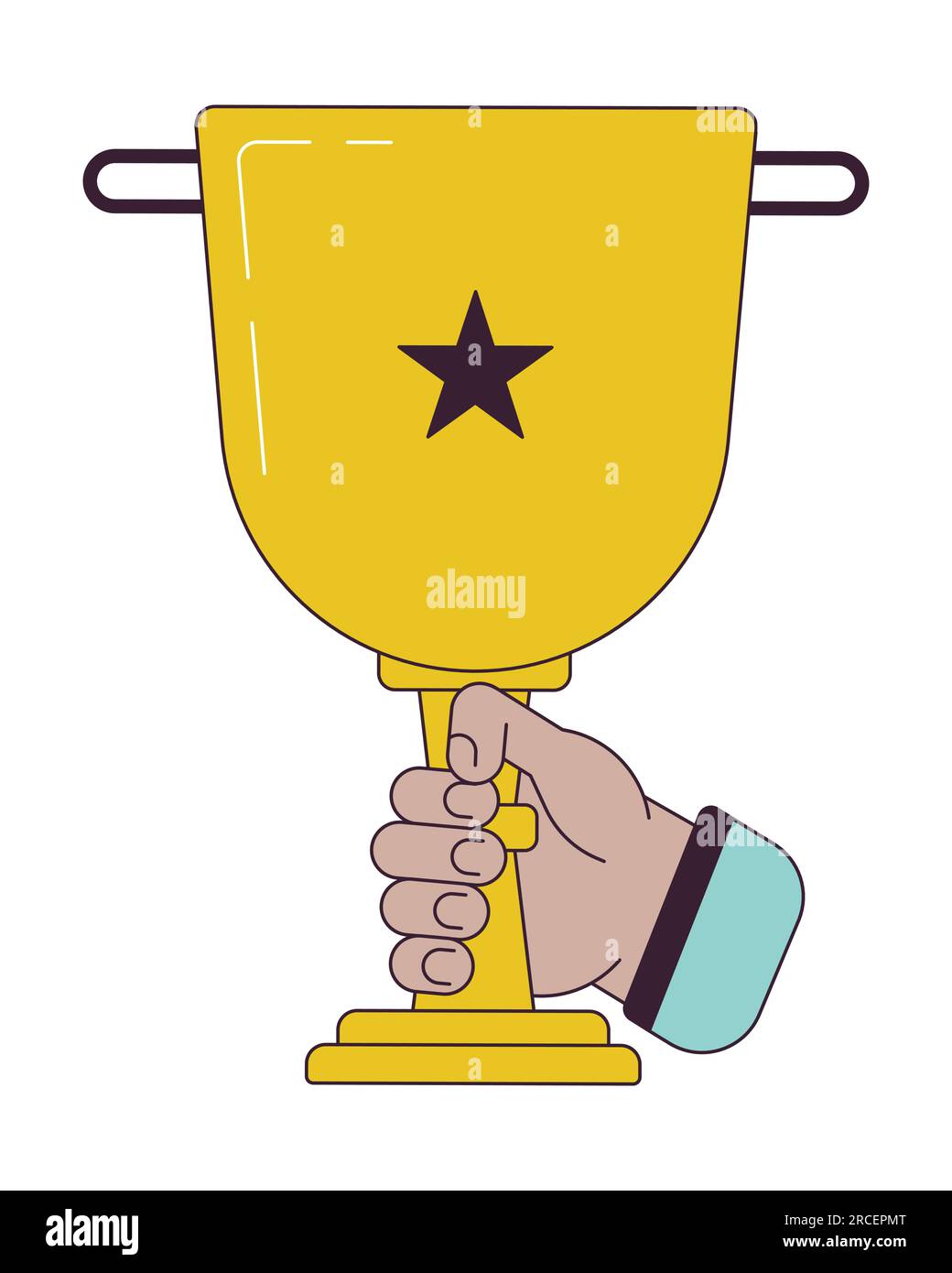 Holding trophy cup flat line concept vector spot illustration Stock Vector