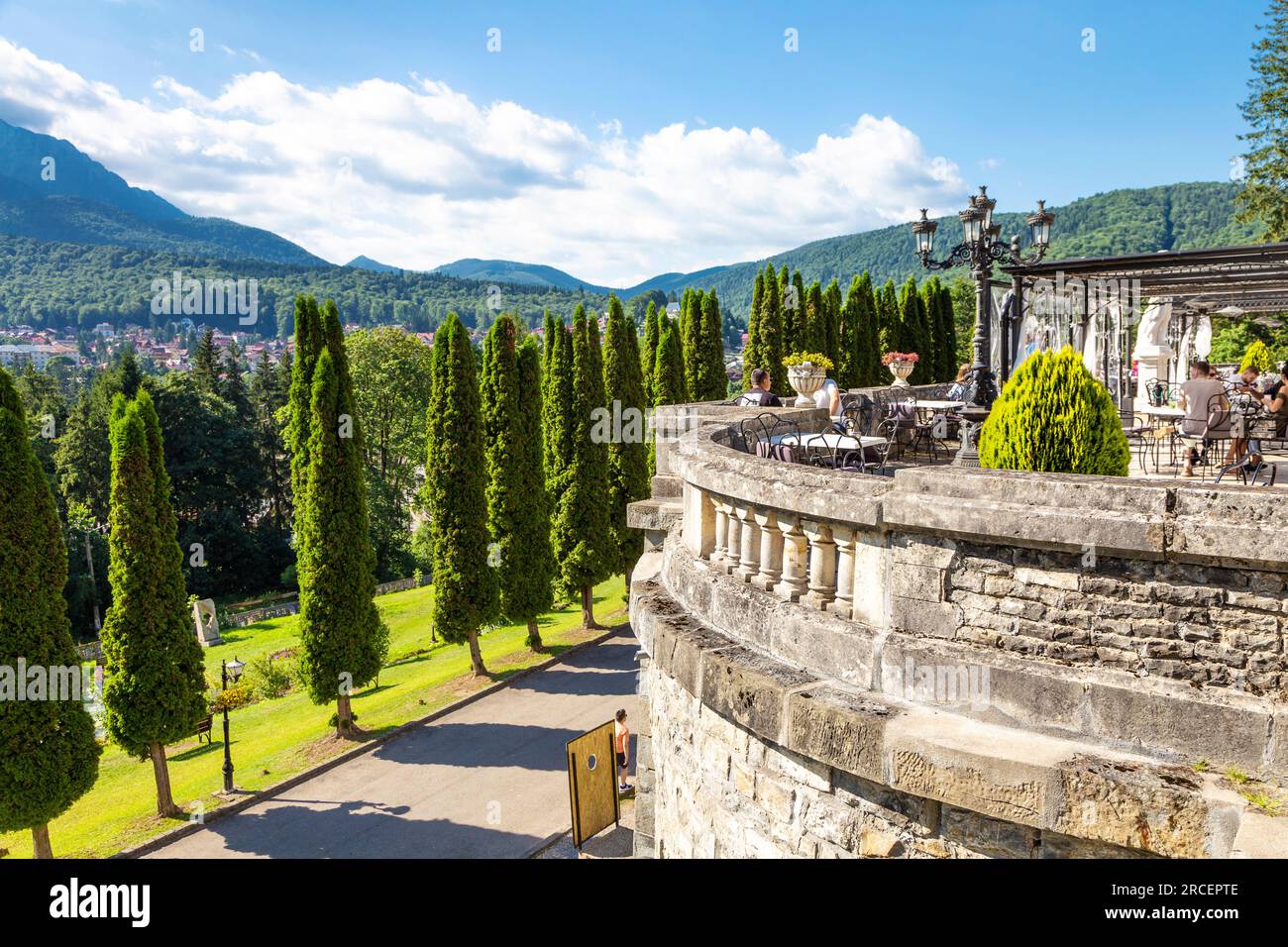 Canta Cuisine Restaurant terrace at Cantacuzino Castle overlooking Bucegi Mountains, Busteni, Romania Stock Photo