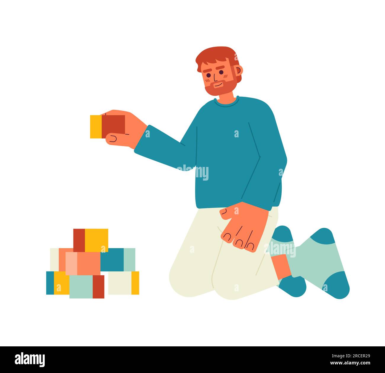 Happy bearded father playing with constructor cubes semi flat color vector character Stock Vector