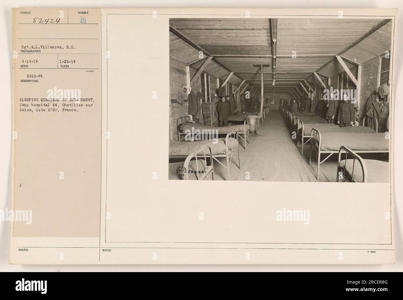 Image of the sleeping quarters of a detachment at Camp Hospital 64 in Chatillon sur Seine, Cote d'Or, France. Taken on April 14, 1919 by Sgt. A.L. Villanova, S.C. This image is numbered 52424 and was issued on January 25, 1919. Stock Photo