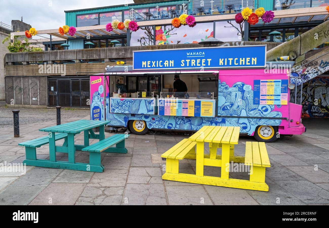 London, UK - 6 June 2023: Colourful Mexican food wagon on the Southbank. This is a popular arts area of galleries, theatres, bars and restaurants on t Stock Photo