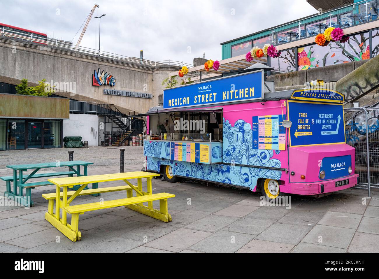 London, UK - 6 June 2023: Colourful Mexican food wagon on the Southbank. This is a popular arts area of galleries, theatres, bars and restaurants on t Stock Photo