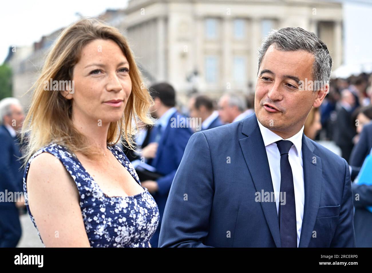 Paris, France. 14th July, 2023. French Interior Minister Gerald Darmanin and his wife RoseMarie