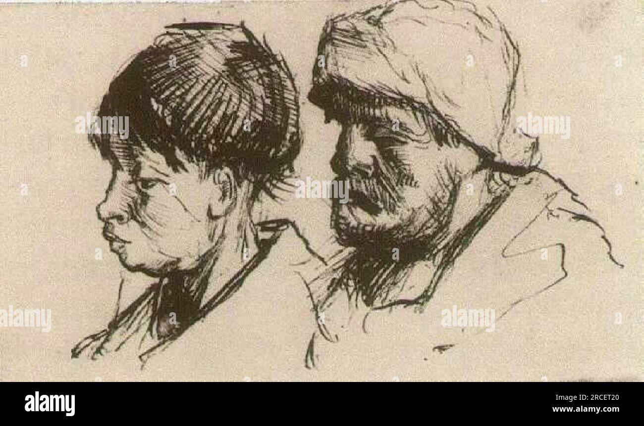 Head of a Girl, Bareheaded, and Head of a Man with Beard and Cap c.1884; Nunen / Nuenen, Netherlands by Vincent van Gogh Stock Photo