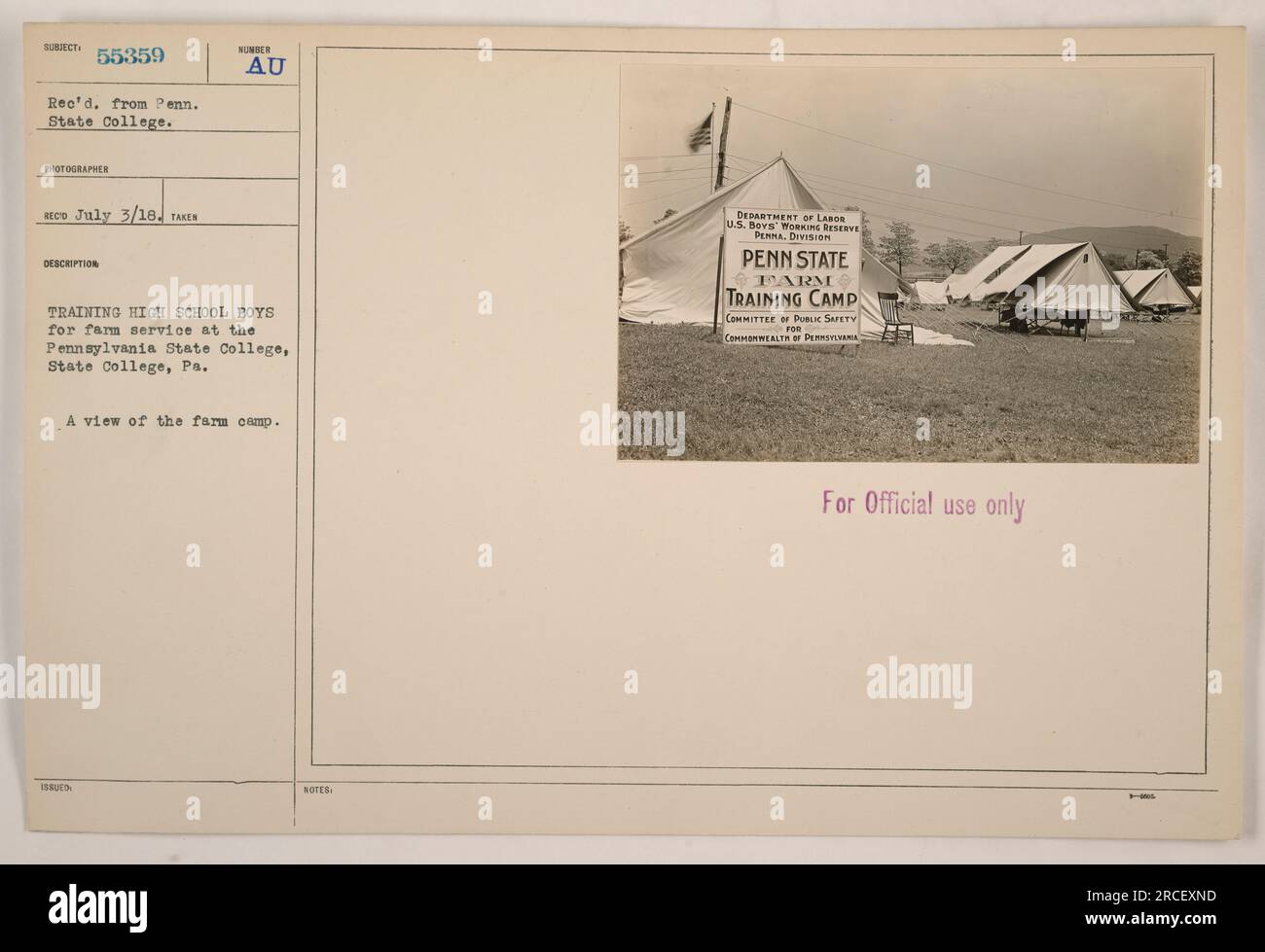High school boys being trained for farm service at Pennsylvania State  College in State College, PA. This image shows a view of the farm camp  where the training takes place. The photograph
