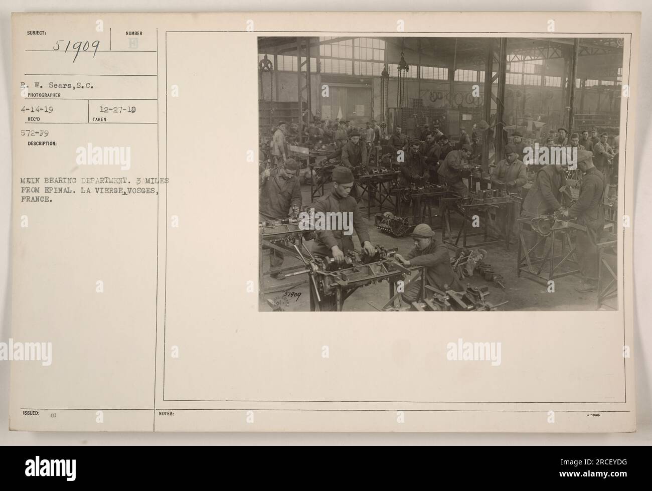 Image showing the main bearing department located 3 miles from Epinal, in La Vierge, Vosges, France. The photograph was taken on April 14, 1919, by R.W. Sears, S.C. It was received on December 27, 1919, and has the reference number 57909. Stock Photo
