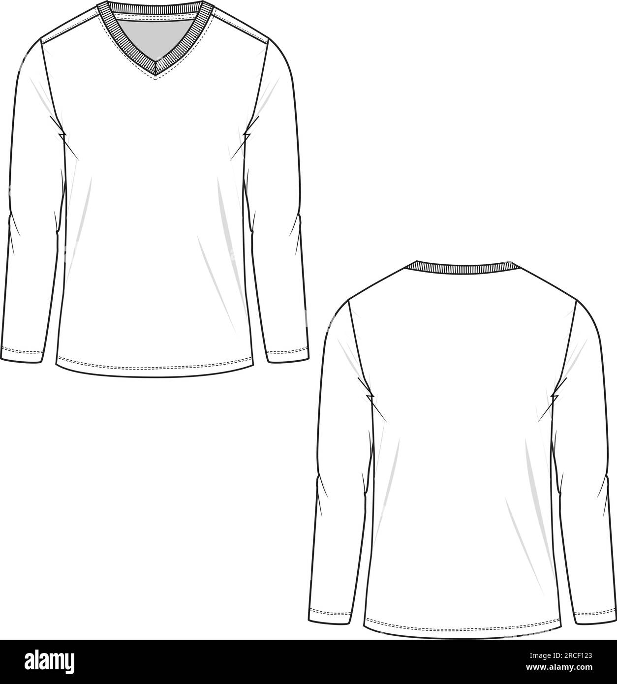 Mens Casual V neck long sleeve t-shirt technical fashion flat sketch ...