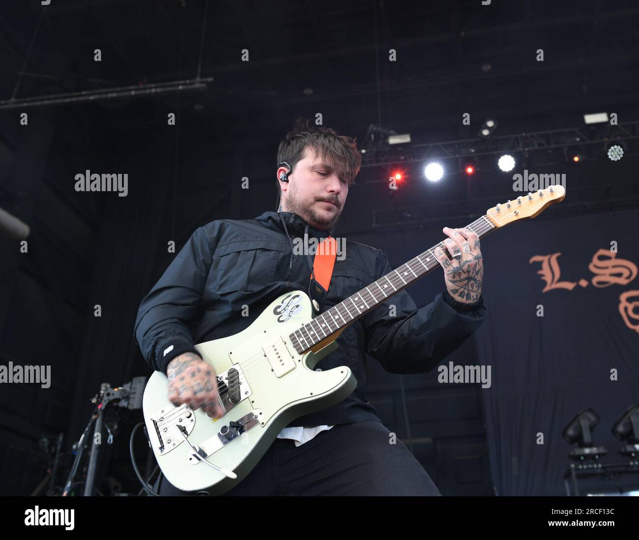 July 11, 2023, Portsmouth, Virginia, USA: L.S. Dunes member FRANK IERO brings some rock to the Atlantic Union Bank Pavilion in Portsmouth, Virginia on 11 July 2023. photo Â© Jeff Moore 2022 (Credit Image: © Jeff Moore/ZUMA Press Wire) EDITORIAL USAGE ONLY! Not for Commercial USAGE! Stock Photo