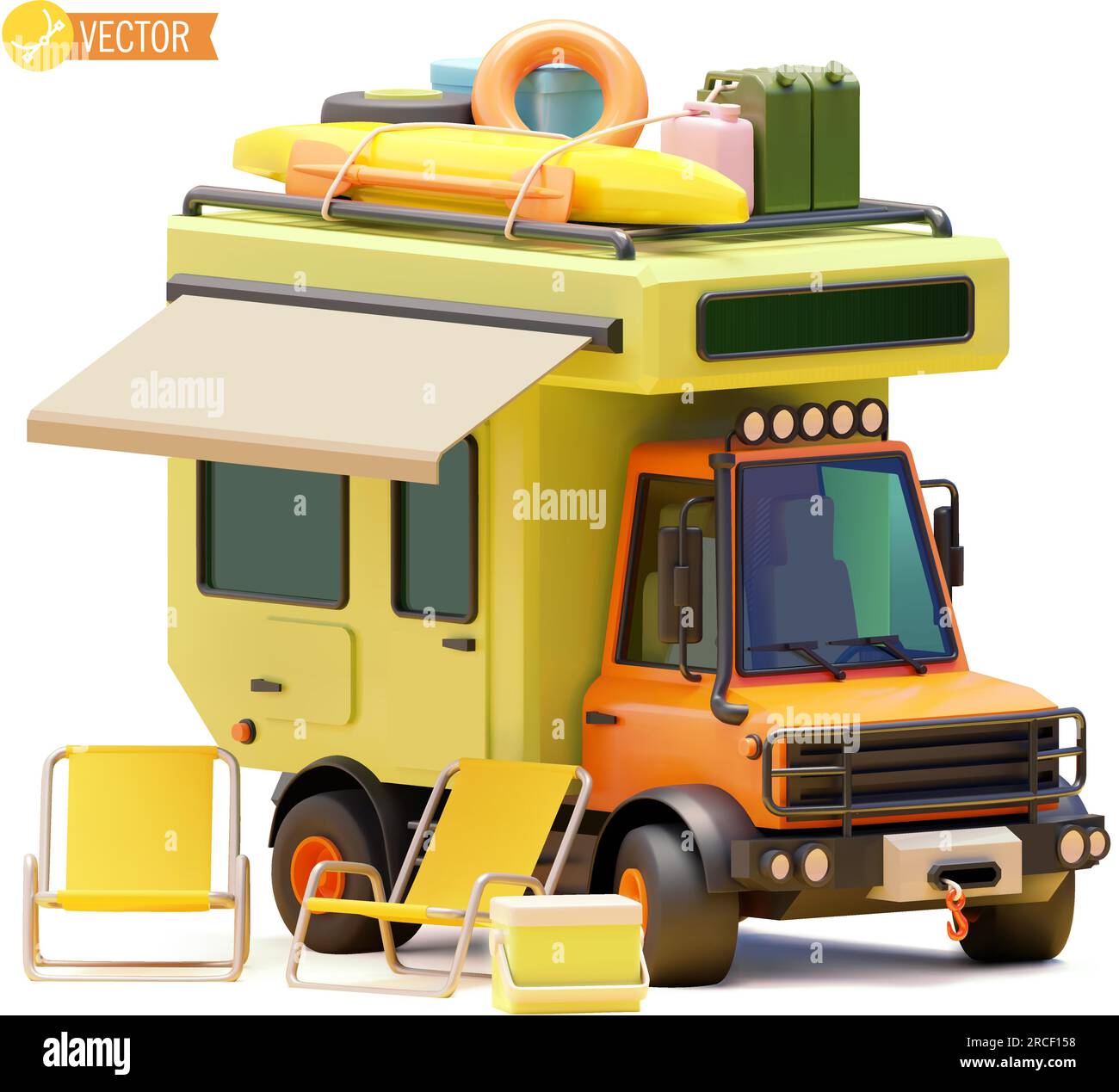 Vector camper van on the campsite. Offroad camper, portable camping