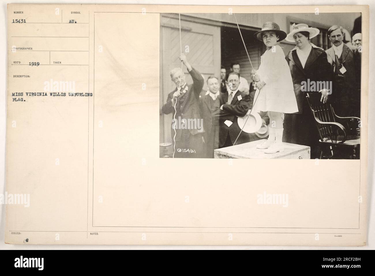 Miss Virginia Willis unfurls the American flag during a ceremony in 1919. This photograph, numbered 15431, was taken by an unknown photographer. The event was organized to symbolize unity and patriotism in the aftermath of World War I. The accompanying notes mention another photograph numbered 15451, but no further details are provided. Stock Photo