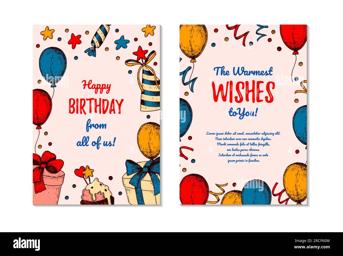 Two sides Birthday vertical greeting card. Design with hand drawn