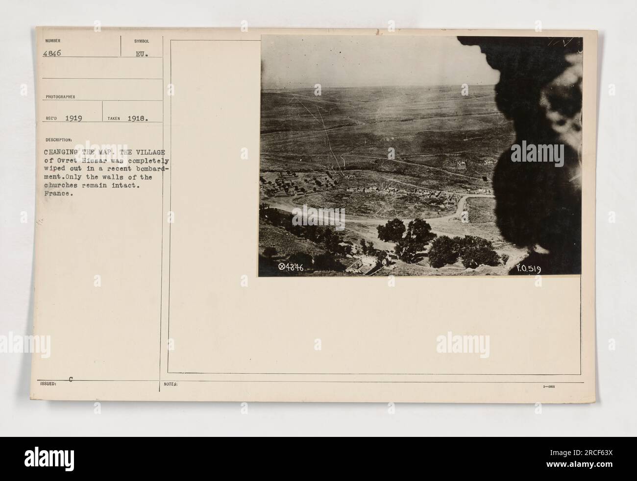 Destroyed village of Ovret Hissar in France after a recent bombardment during World War One. The image shows the ruined buildings, with only the walls of the churches left standing. Captioned as 111-SC-4846 MURDER 4846 PROTO RECO 1919 SYMBOL ISSUED TAKES 1918. DESCRIPTION CHANGING THE MAP. Stock Photo