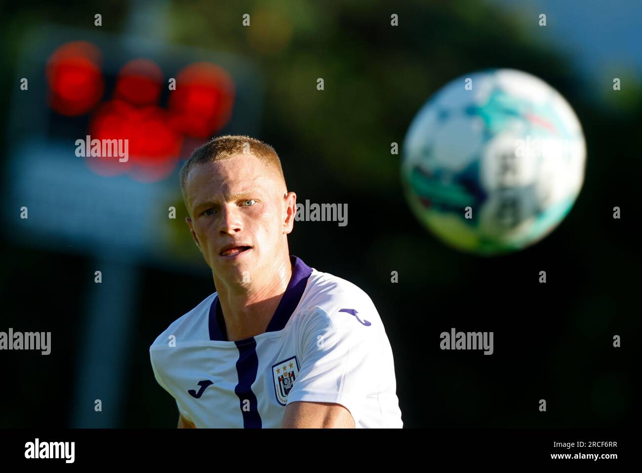 Seeboden, Austria. 14th July, 2023. Louis Patris pictured at a friendly soccer game between Belgian RSC Anderlecht and Czech club AC Sparta Prague, at the summer camp in Seeboden, Austria, ahead of the 2023-2024 season, Friday 14 July 2023. BELGA PHOTO DAMJAN ZIBERT Credit: Belga News Agency/Alamy Live News Stock Photo