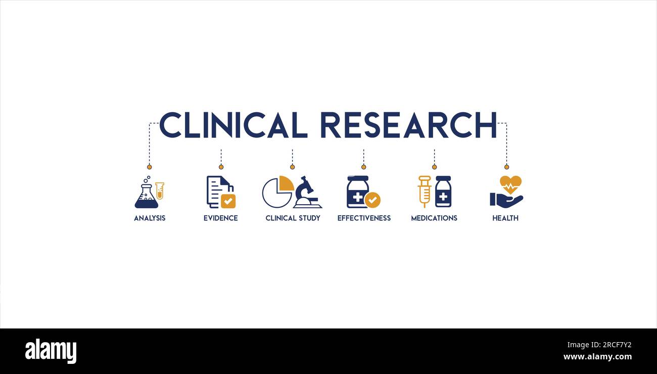 Banner of clinical research vector illustration concept pictogram with the icon of analysis, evidence, clinical study, effectiveness, medication Stock Vector