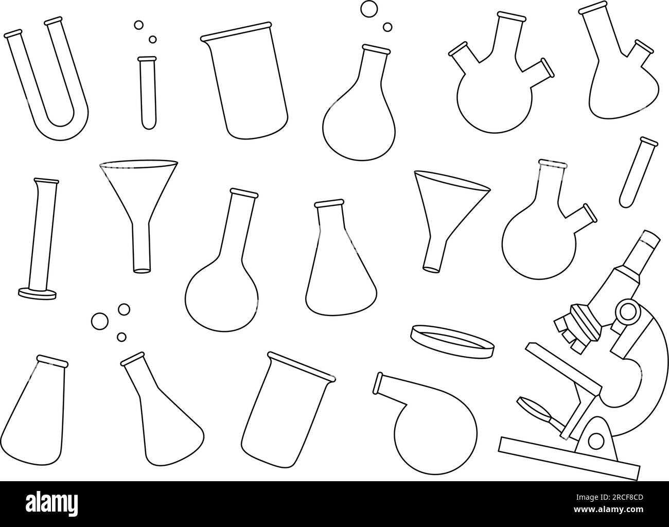 Laboratory glassware outline set. Laboratory glasses for chemistry experiments. Conical flask, glass beaker, filter funnel, U tube, microscope. Stock Vector