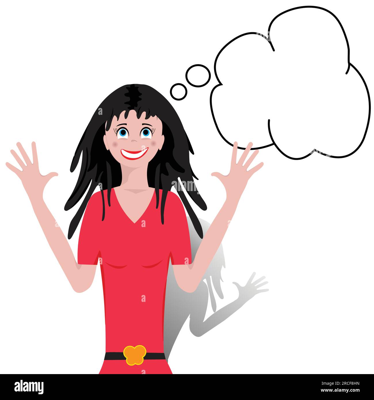 Girl with raised hands smilling and a speech bubble; Person with a thought to share Stock Vector
