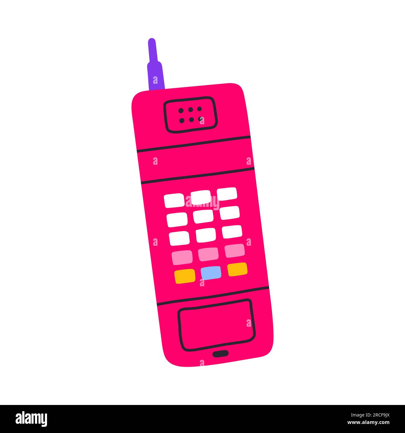 Classic 80s 90s pink mobile phone in modern style flat, line style. Hand drawn vector. Fashion patch, badge, emblem. Stock Vector