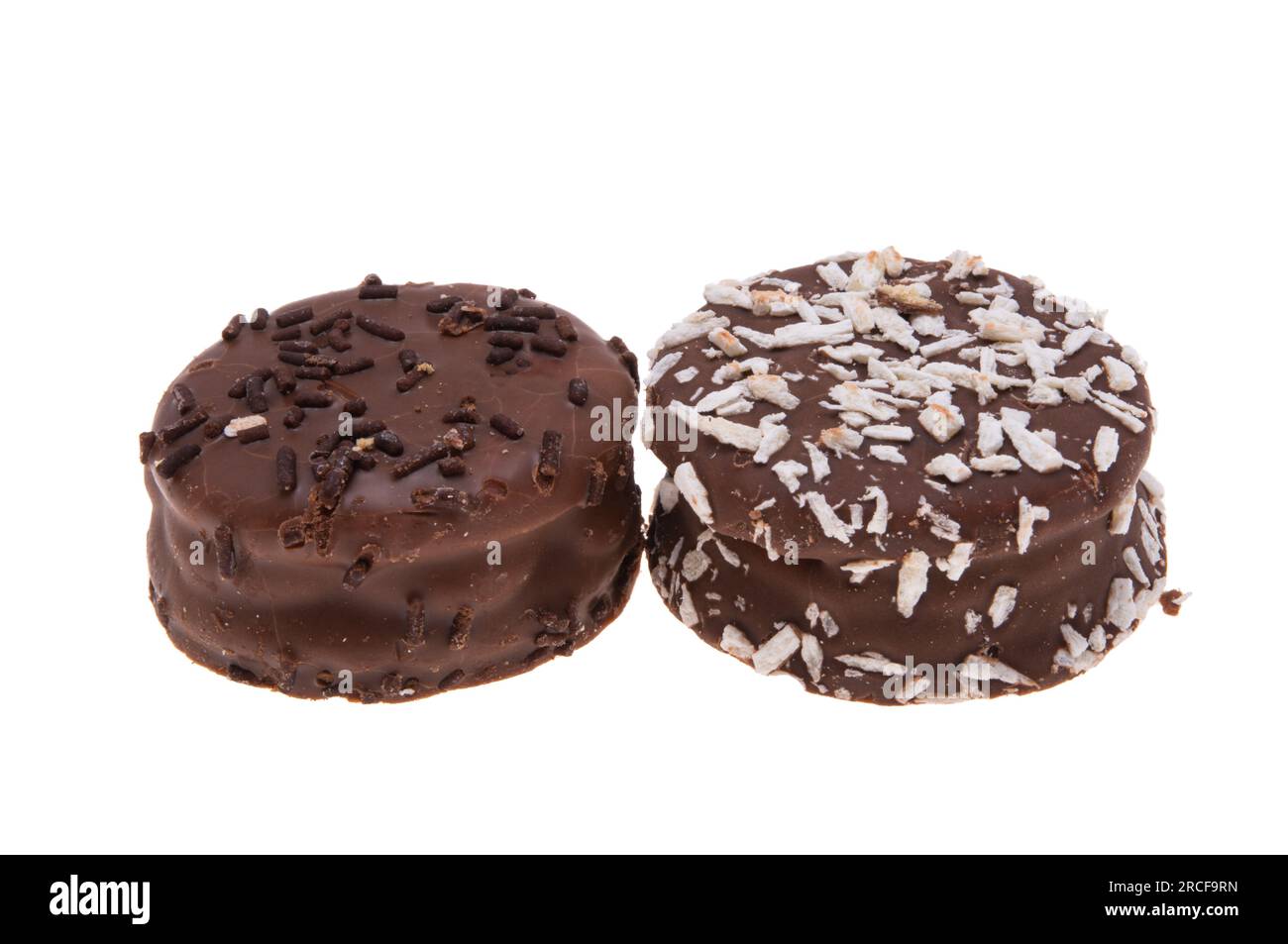 double biscuits in chocolate icing on a white background Stock Photo