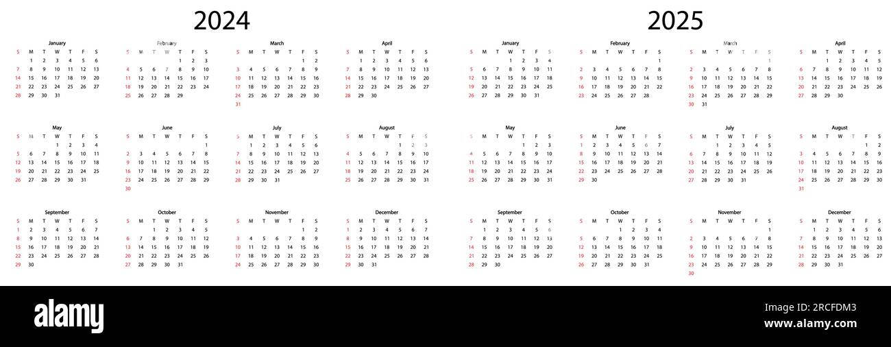 Set of calendar 2024 and 2025 years. The week starts on Sunday. Vector