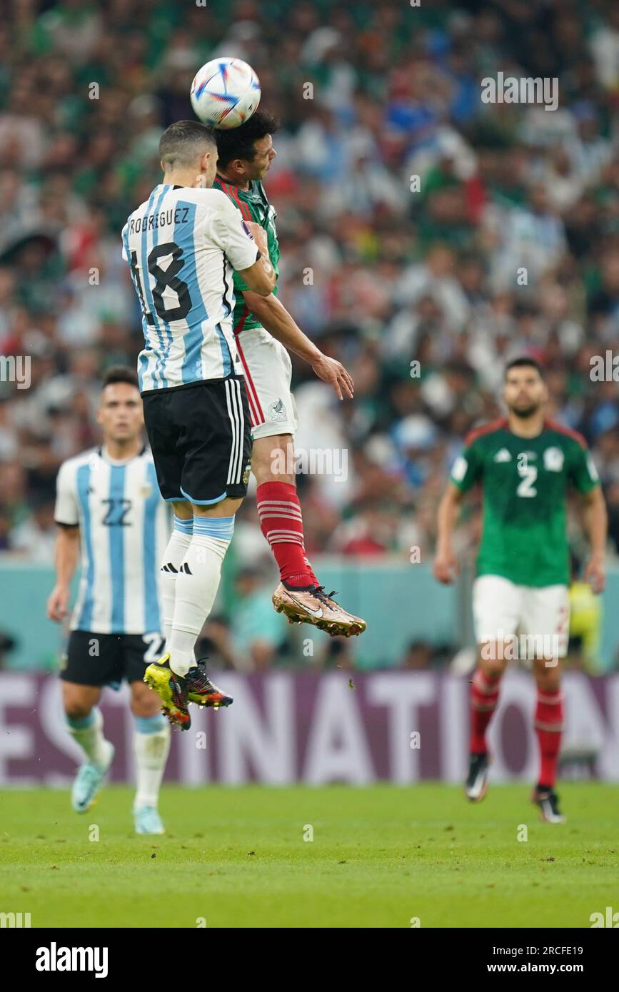 Guido Rodriguez from Argentina heading the ball during a match against Mexico