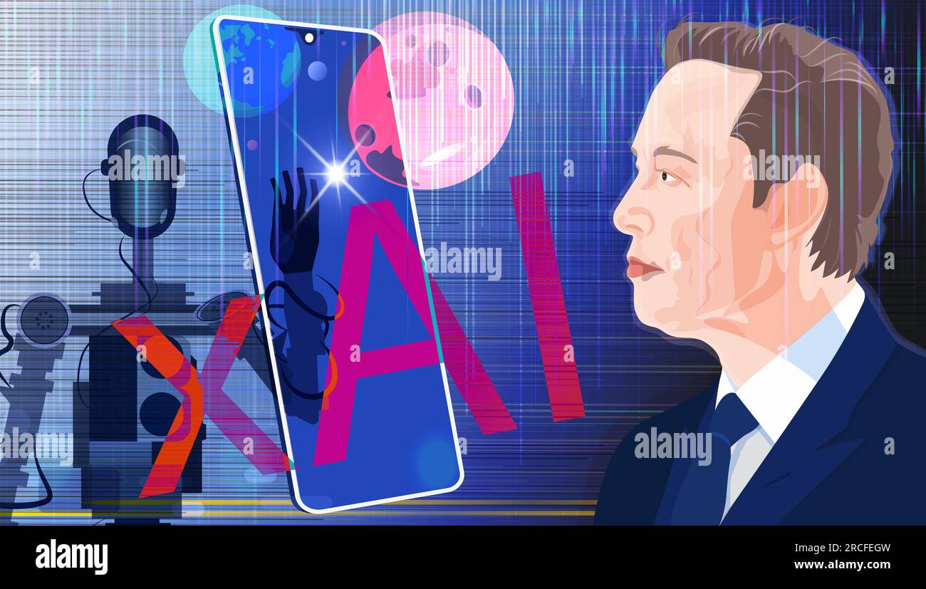 Elon Musk founded xAI. Elon Musk portrait, robot and xAI inscription