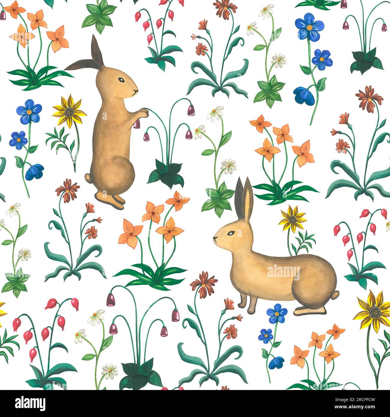 Watercolor illustrations rabbits, flowers  and plants in medieval style. Seamless pattern hand drawn on a white background.For the design Stock Photo