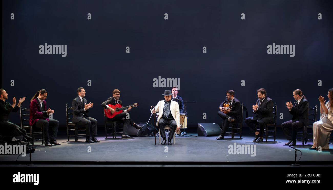 Flamenco Festival 2023, Sadlers Wells, London, UK. 14 July 2023. GALA FLAMENCA (14-15 July) is the anticipated intergenerational all-male production featuring Manuel Liñán, Alfonso de Losa, El Yiyo and Carrete de Málaga. Liñán returns to Sadler's Wells after the acclaimed ¡VIVA! in 2022, with Alfonso de Losa. The cast is completed by special guest Carrete de Málaga, the 83-year-old talent known as “the Gypsy Fred Astaire” (centre). Credit: Malcolm Park/Alamy Live News Stock Photo