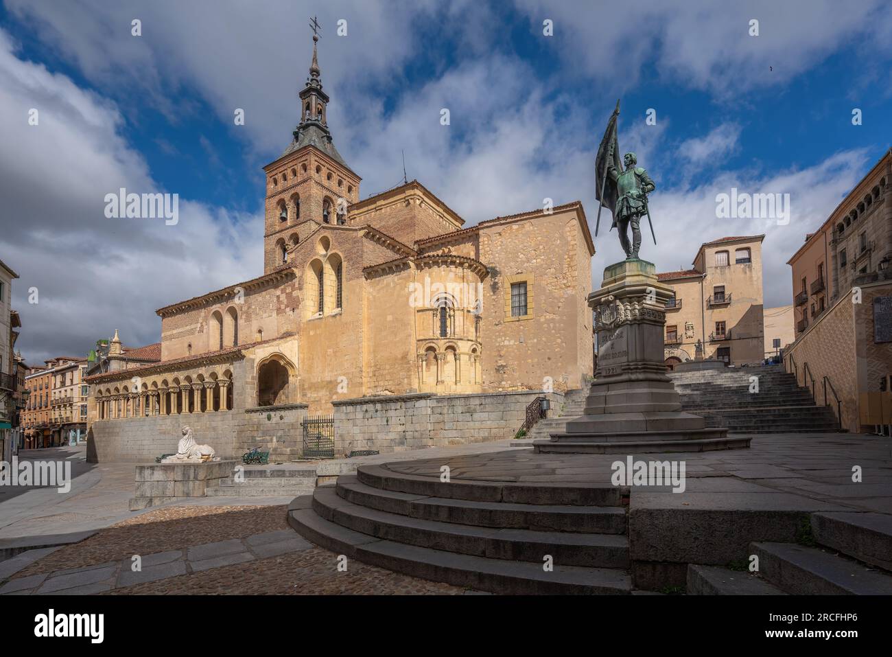 Plaza Medina del Campo Square with Juan Bravo Monument and Church of San Martin - Segovia, Spain Stock Photo