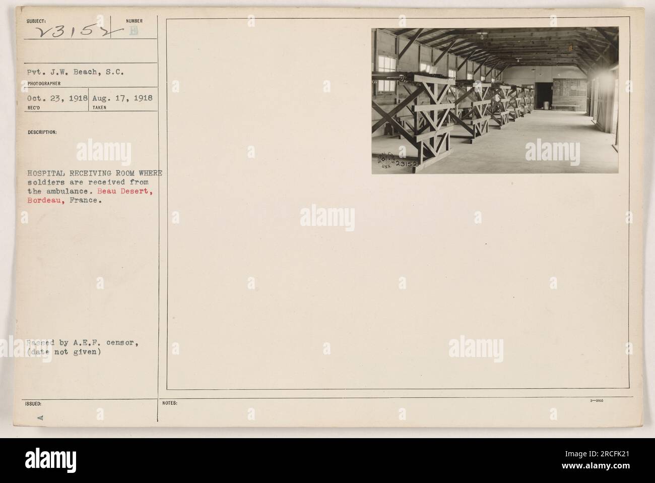 Soldiers being received for treatment at a hospital receiving room in Beau Desert, Bordeaux, France during World War One. The photo was taken on October 23, 1918 by Pvt. J.W. Beach, S.C. It has been passed by the A.E.P. censor and is part of the collection 'Photographs of American Military Activities during World War One.' Stock Photo