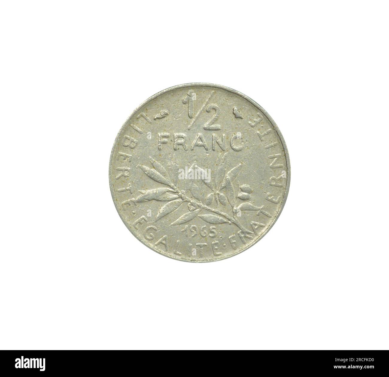 Half of Franc coin made by France in 1965, that shows Numeral value and