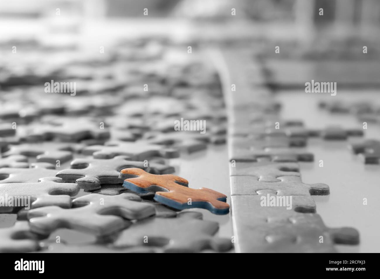 Close-up shot of the pieces of a jigsaw puzzle. Cluttered pieces are out of focus and in black and white, focused piece is in color. Concepts Stock Photo
