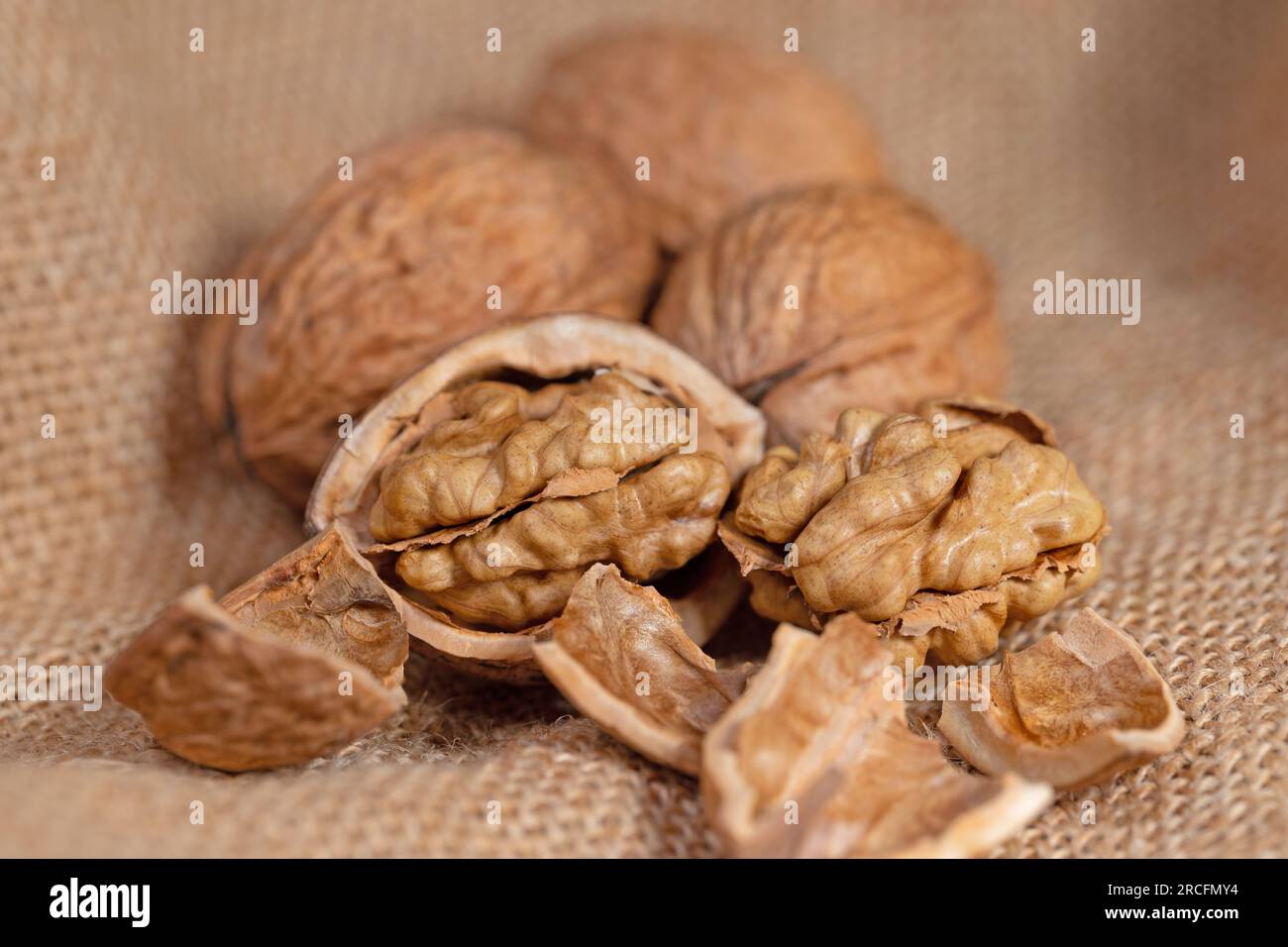 Walnut and nutshells in a close up Stock Photo