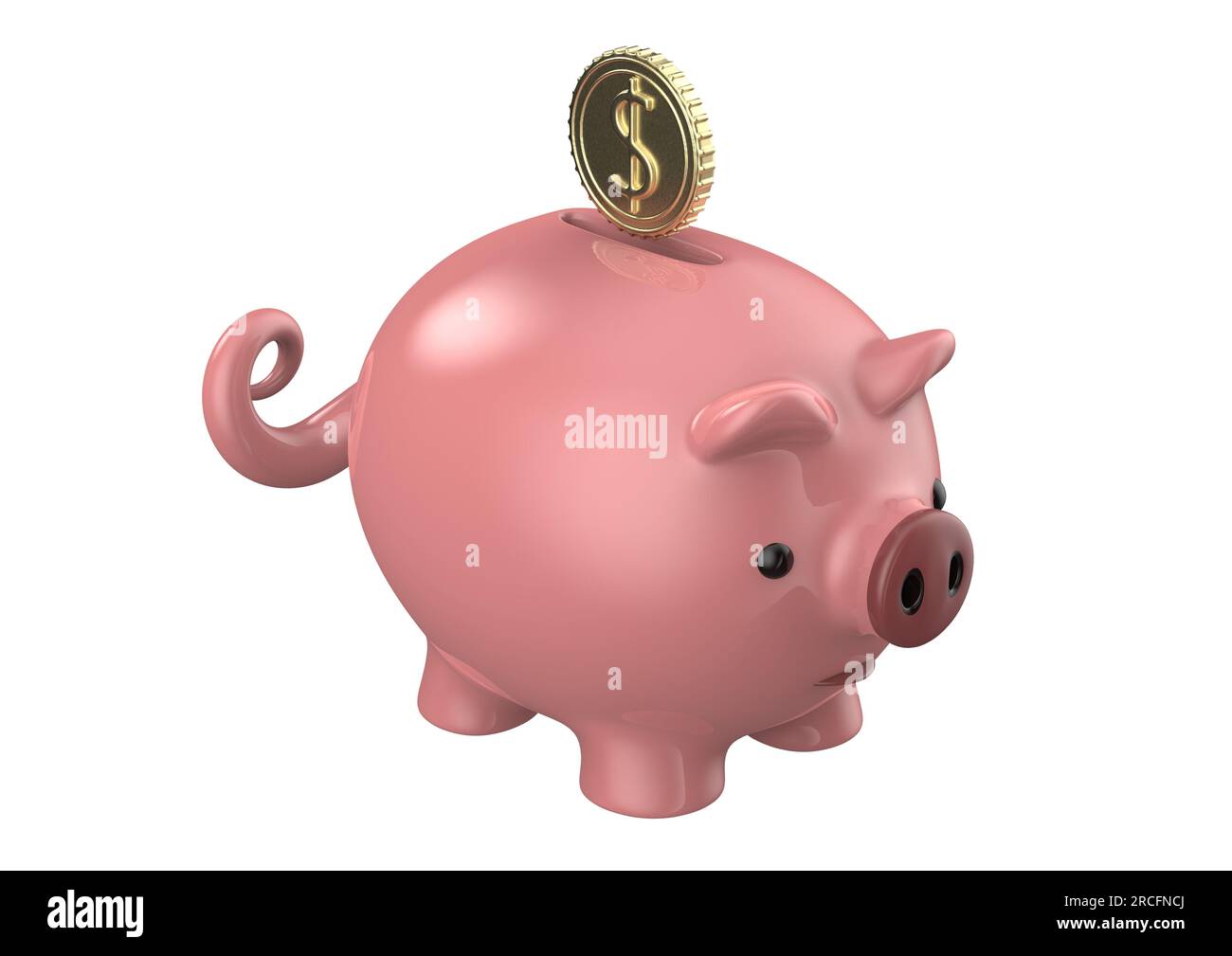 Pink piggy bank with dollar coin isolated on a white background. 3d ...