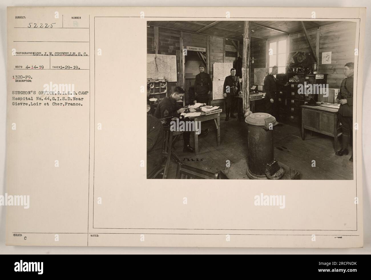 Surgeon's office at G.I.S.D. Camp Hospital No. 44 in Gievre, France. The photograph was taken on January 29, 1919, by photographer J.W. Crunelle. The image shows the interior of the surgeon's office with various medical equipment and supplies. Stock Photo