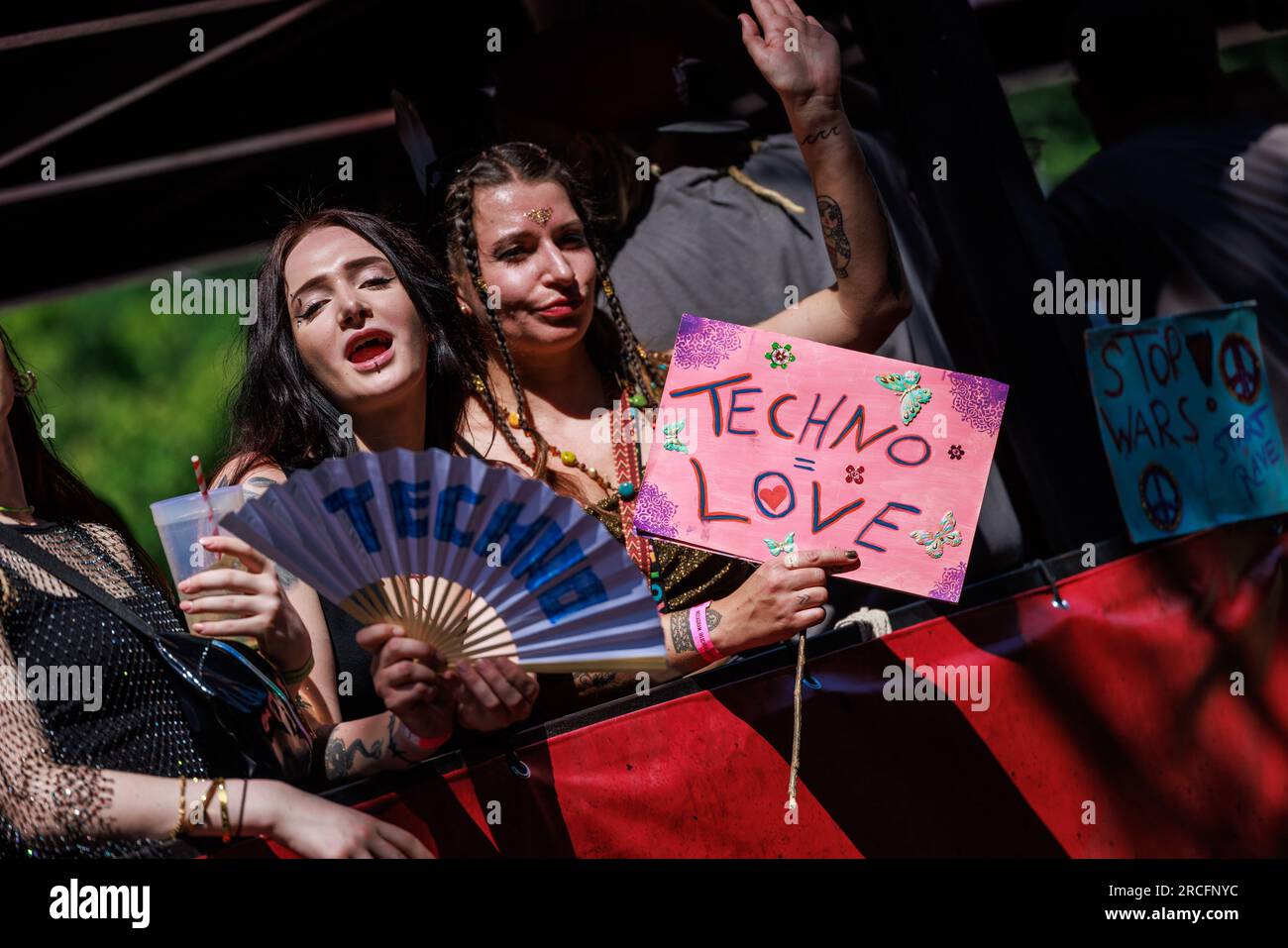 Berlin, Berlin/Germany - July 08.2023: Rave the Planet parade in Berlin. Rave the Planet is an electronic dance music festival and technoparade. Stock Photo