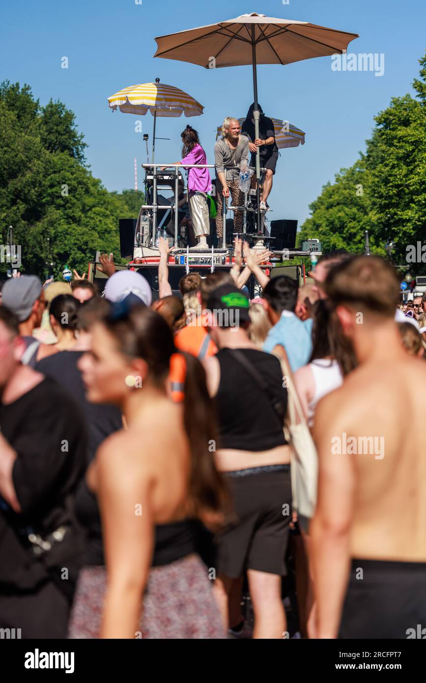 Berlin, Berlin/Germany - July 08.2023: Rave the Planet parade in Berlin. Rave the Planet is an electronic dance music festival and technoparade. Stock Photo