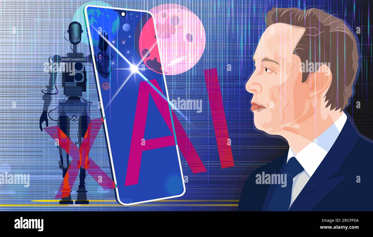 Elon Musk founded xAI. Elon Musk portrait, robot and xAI inscription