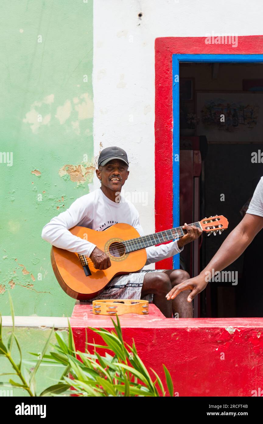 An African Man Playing the Guitar, Boa Vista, Cape Verde, Africa Stock