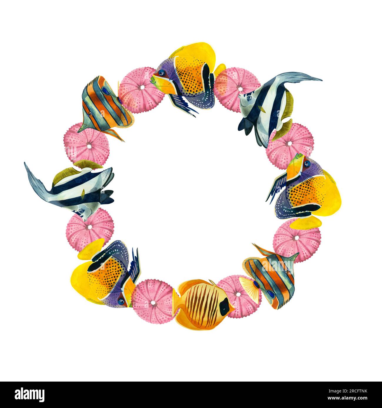 Round frame of tropical fish and pink stars on a white background. All elements are hand-drawn in watercolor on a white background. Stock Photo