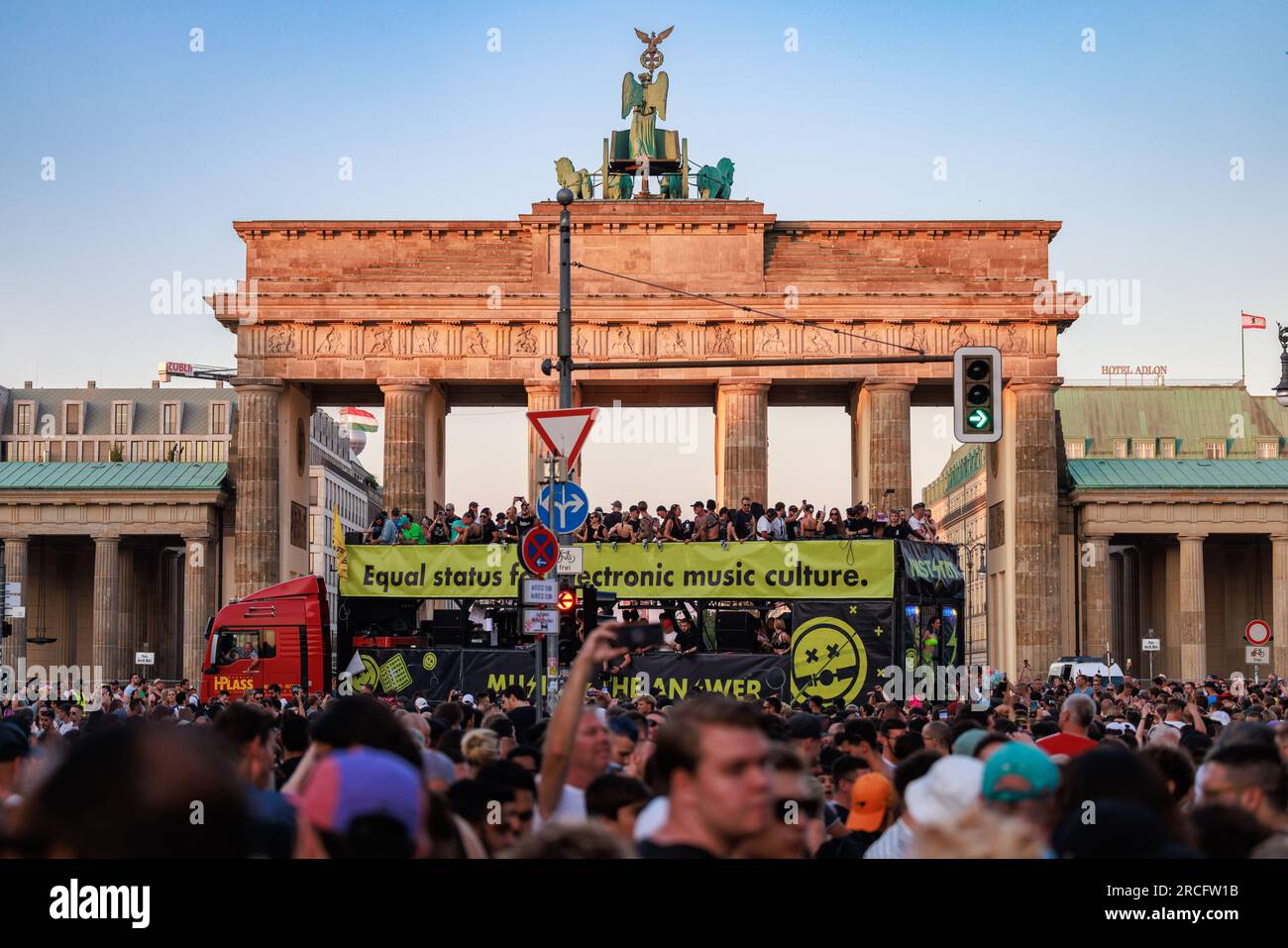 Berlin, Berlin/Germany - July 08.2023: Rave the Planet parade in Berlin. Rave the Planet is an electronic dance music festival and technoparade. Stock Photo