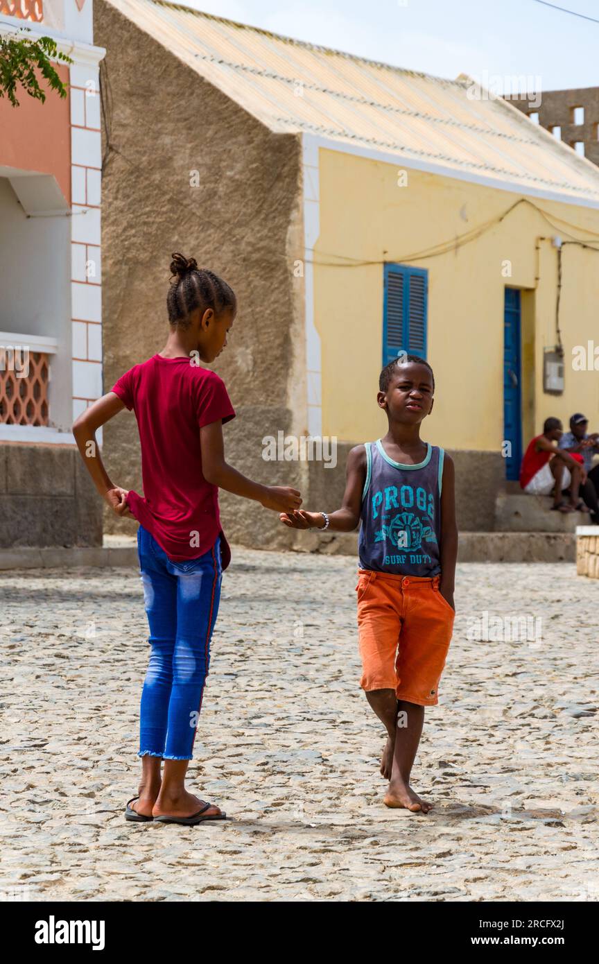 Two African Children on the Street, Boa Vista, Cape Verde, Africa Stock Photo