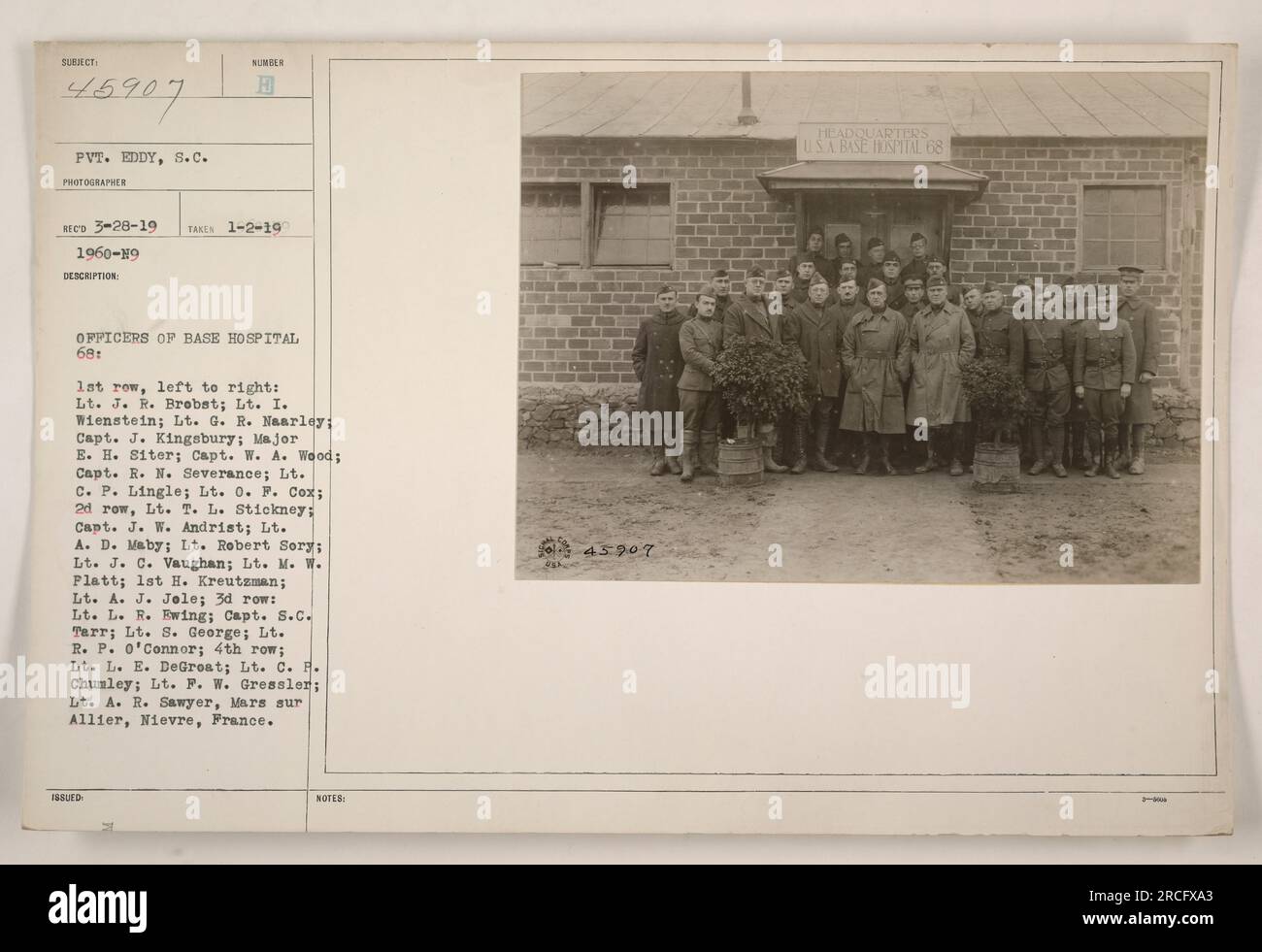 Officers of Base Hospital 68, Mars sur Allier, Nievre, France. The officers are seen lined up in four rows. The officers' names are Lieutenant J. R. Brebet, Lieutenant I. Wienstein, Lieutenant G. R. Naarley, Captain J. Kingsbury, Major E. H. Siter, Captain W. A. Wood, Captain R. N. Severance, Lieutenant C. P. Lingle, Lieutenant 0. F. Cox, Lieutenant T. L. Stickney, Captain J. W. Andrist, Lieutenant A. D. Maby, Lieutenant Robert Sory, Lieutenant J. C. Vaughan, Lieutenant M. W. Platt, 1st H. Kreutzman, Lieutenant A. J. Jole, Lieutenant L. R. Ewing, Captain S.C. Tarr, Lieutenant S. George, Lieute Stock Photo