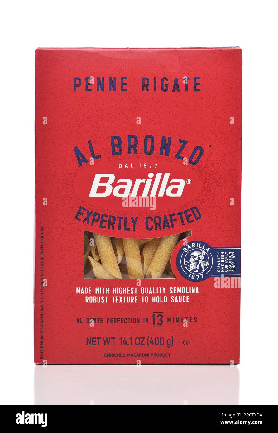 IRVINE, CALIFORNIA - 14 JULY 2023: A box of Barilla Al Bronzo Penne Rigate. Stock Photo