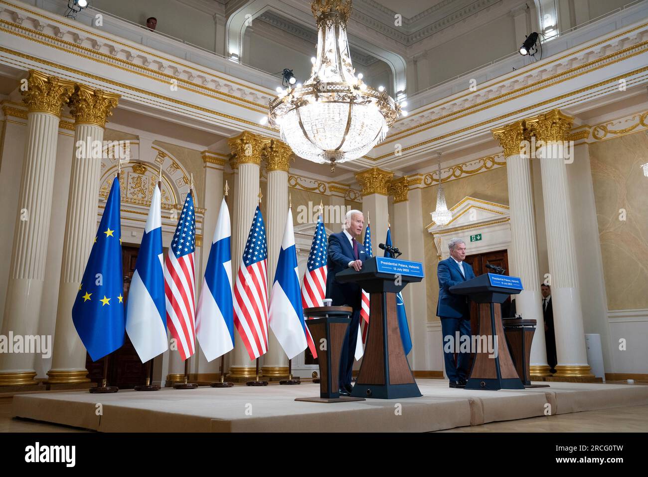 Helsinki, Finland. 13th July, 2023. U.S President Joe Biden responds to a question during a joint press conference with Finnish President Sauli Niinisto, right, following the US-Nordic Leaders Summit at the presidential palace, July 13, 2023 in Helsinki, Finland. Credit: Adam Schultz/White House Photo/Alamy Live News Stock Photo