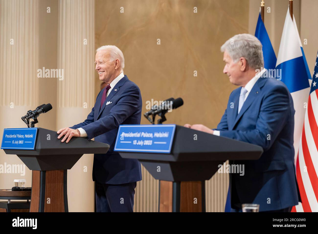 Helsinki, Finland. 14th July, 2023. U.S President Joe Biden responds to a question during a joint press conference with Finnish President Sauli Niinisto, right, following the US-Nordic Leaders Summit at the presidential palace, July 13, 2023 in Helsinki, Finland. Credit: Adam Schultz/White House Photo/Alamy Live News Stock Photo