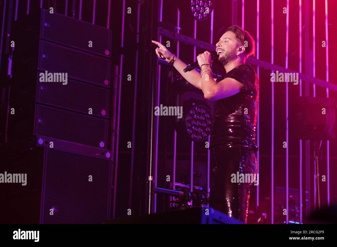 The Spanish singer Manuel Carrasco Performance during the concert of heart and arrow Tour at the Wizcentr in Madrid. July 14, 2023 Spain Stock Photo